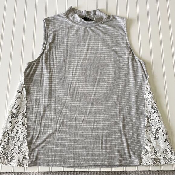 Suzanne Betro Sleeveless Striped Lace Panel Mock Neck Top - Size 2X - Picture 4 of 6